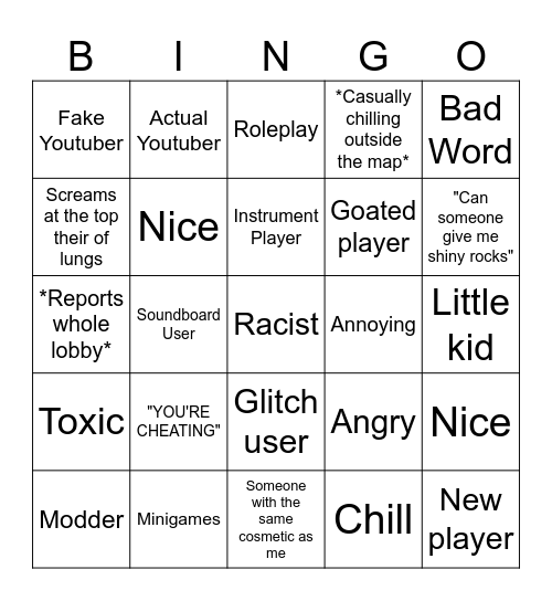 Gorilla Tag Player Bingo Card