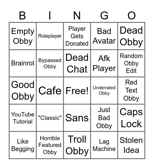 Obby Creator Bingo Card