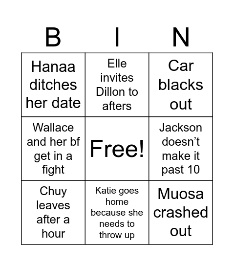 Date Dash Bingo Card