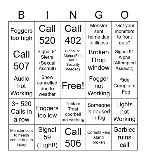 Haunt Op Bingo Card