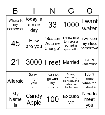 ASL 1 TEST 1 BINGO 1 Bingo Card