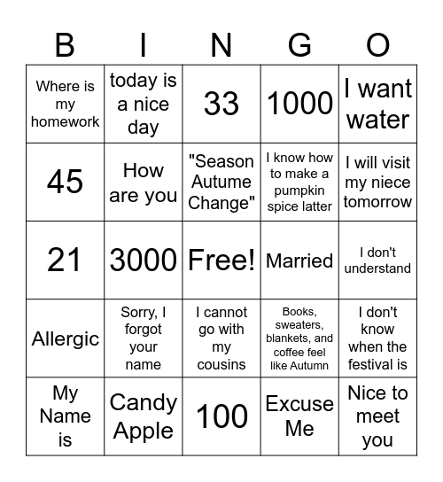 ASL 1 TEST 1 BINGO 1 Bingo Card