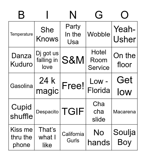 Hoco Songs Bingo Card