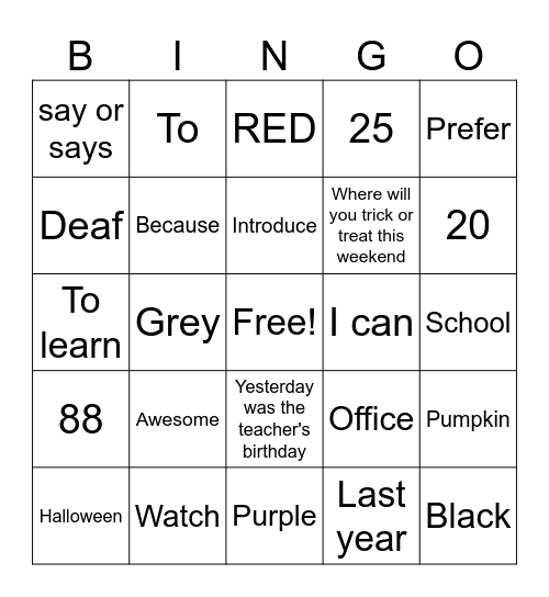 ASL 1 TEST 1 BINGO 1 Bingo Card