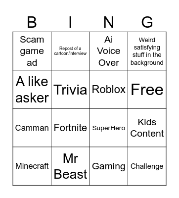 Shorts Bingo Card