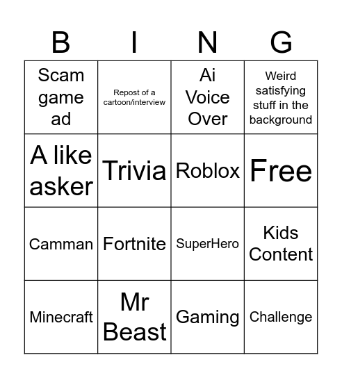 Shorts Bingo Card