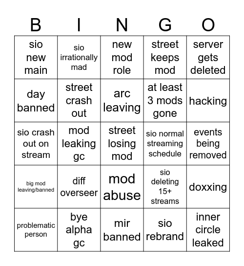 sio side bingo for the next 3 months Bingo Card