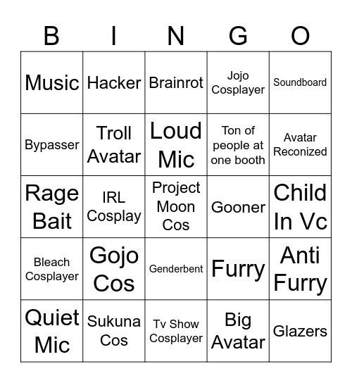 Rate My Avatar Bingo Card