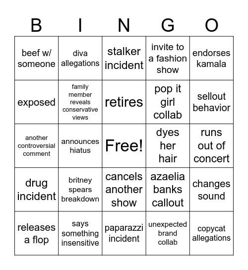 Chappell Roan 2024 Bingo Card