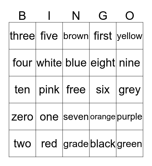 Beginning of school numbers and color words Bingo Card