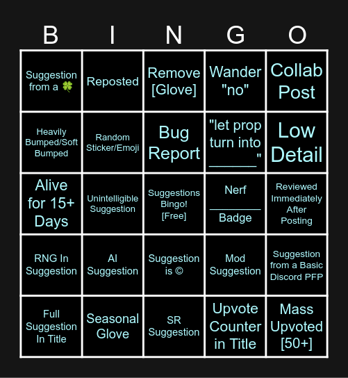 Suggestions BINGO Card