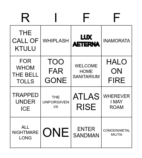 METALLICA SETLIST 72 SEASONS TOUR - MÉXICO 29-09 Bingo Card