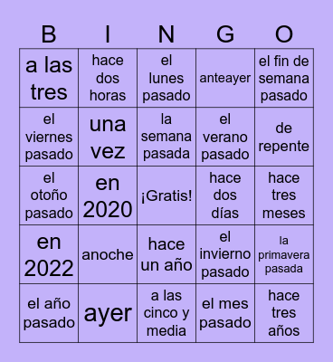 Preterite Indicators Bingo Card