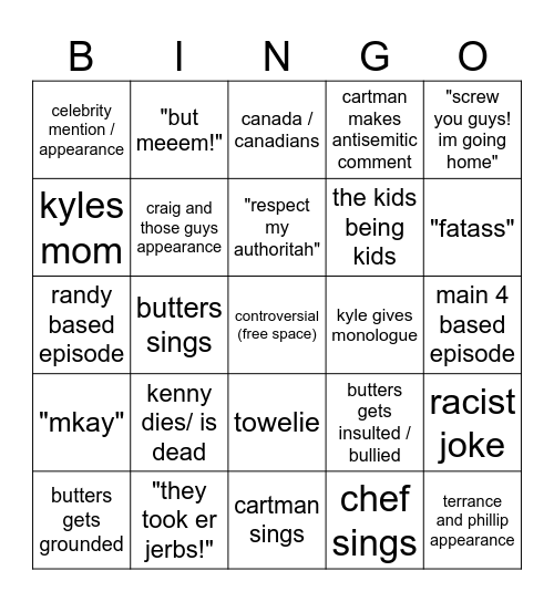 south park bingo Card