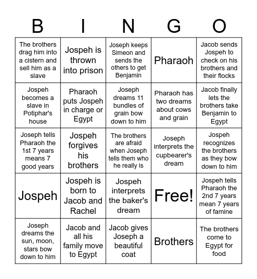 Joseph Bingo Card