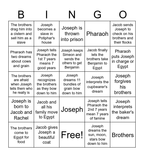 Joseph Bingo Card