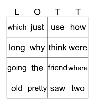 Word Wall Lotto Bingo Card