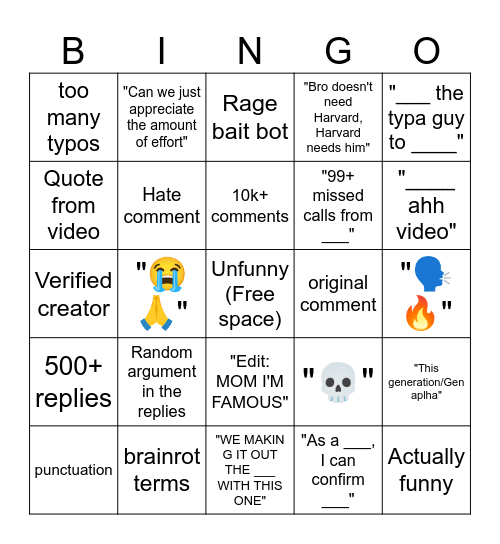 YT shorts comments Bingo Card