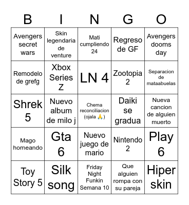 COSAS QUE PODRIAN PASAR ANTES DE QUE DAIKI TENGA NOVIA Bingo Card