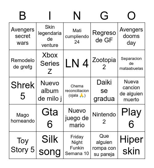 COSAS QUE PODRIAN PASAR ANTES DE QUE DAIKI TENGA NOVIA Bingo Card