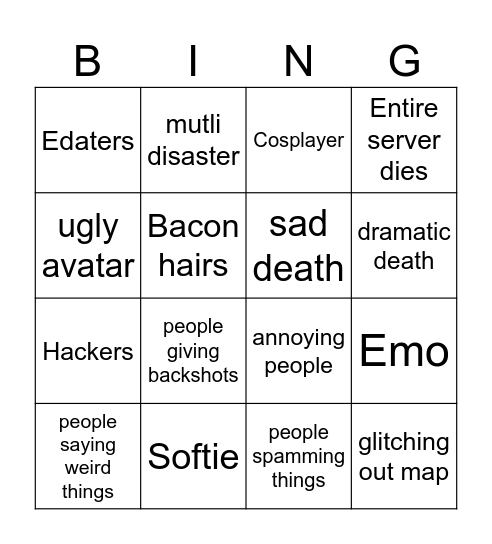 silly roblox card Bingo Card