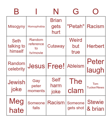 Family guy bingo Card