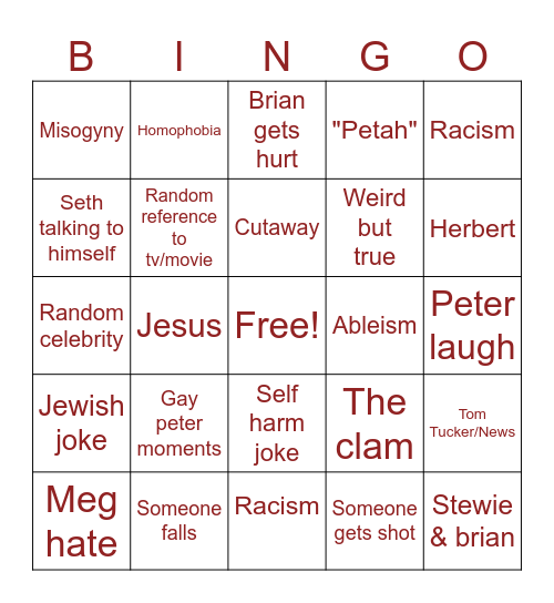 Family guy bingo Card