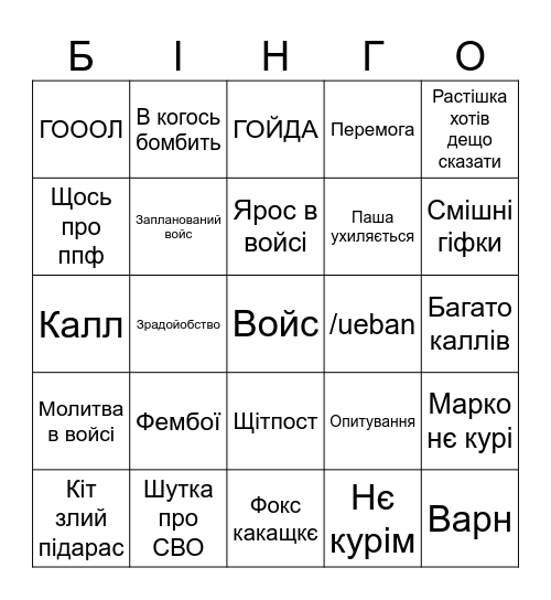 Бінго Укрпікселя Bingo Card