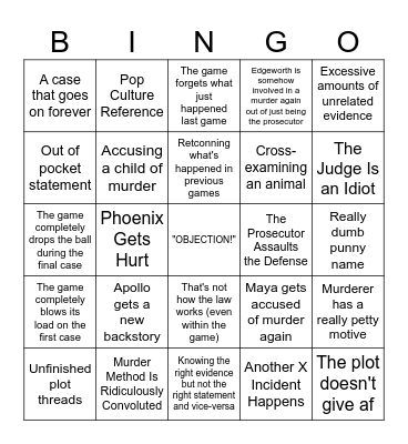 Ace Attorney Bingo Card