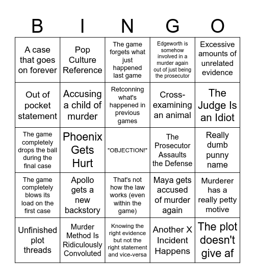 Ace Attorney Bingo Card