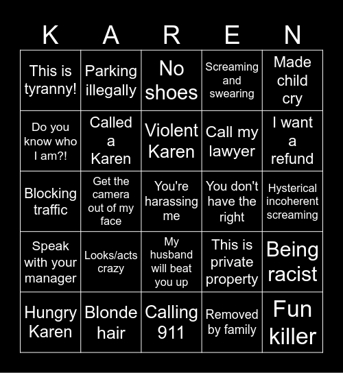 Karen Bingo Card