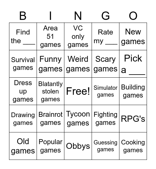 Roblox Bingo Card