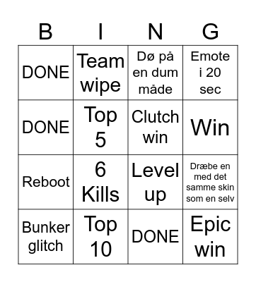 Fortnite bingo Card