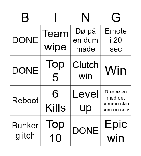 Fortnite bingo Card