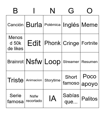 Yt Shorts Bingo Card