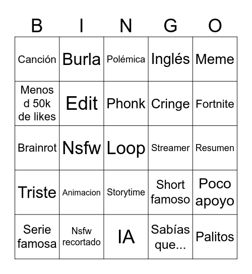 Yt Shorts Bingo Card