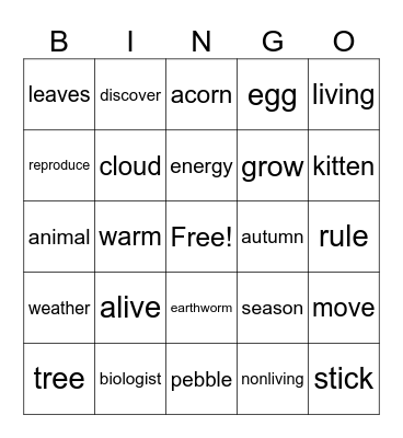 Living & Nonliving Bingo Card
