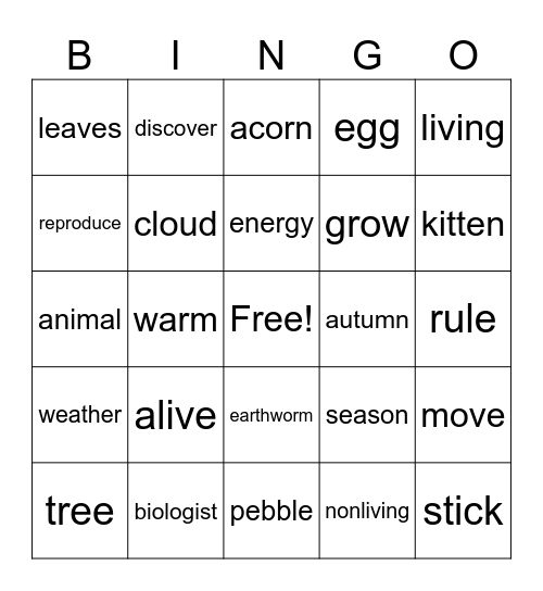 Living & Nonliving Bingo Card