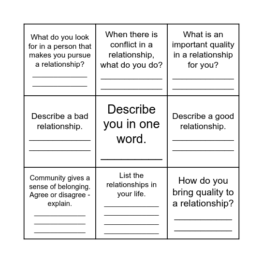 Relationships Bingo Card