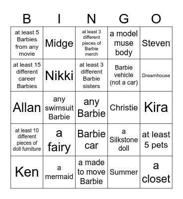 Ultimate Barbie Checklist Bingo Card