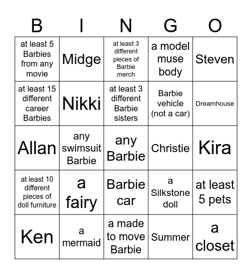 Ultimate Barbie Checklist Bingo Card