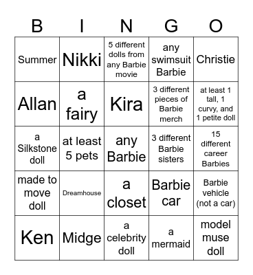 Ultimate Barbie Checklist Bingo Card