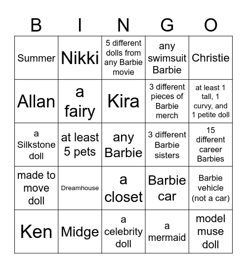 Ultimate Barbie Checklist Bingo Card