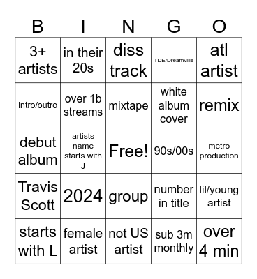 Hip Hop Bingo Card