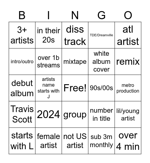 Hip Hop Bingo Card