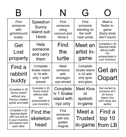 Spirit Defenders Challenge Bingo Card