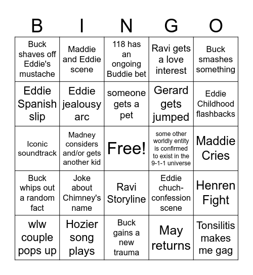 9-1-1 Season 8 Bingo Card