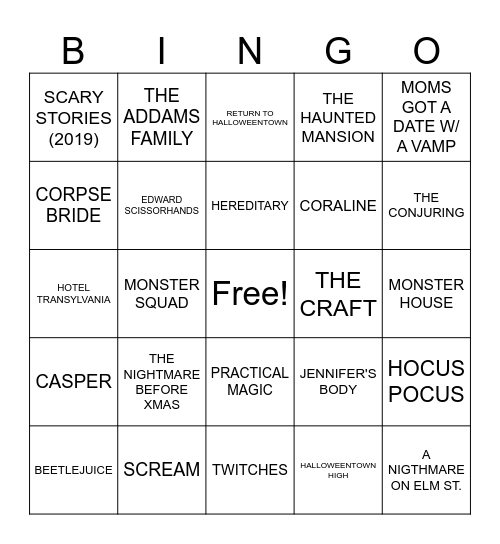 Halloween Movies Bingo Card