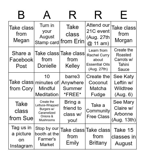 Barre3 August  Bingo Card