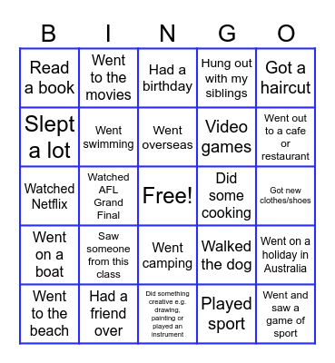 School Holiday BINGO Card
